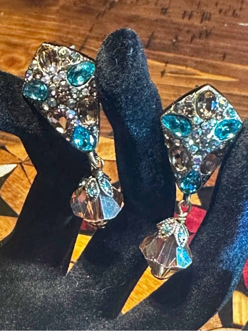 SOLD. Heidi Daus Multicolor Crystal Art Deco Omega Earrings
